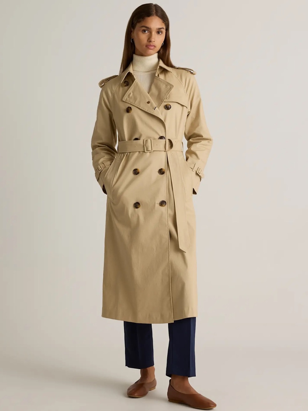 NWT QUINCE Comfort Stretch Long Trench Coat Double-Breasted Light Khaki 9553